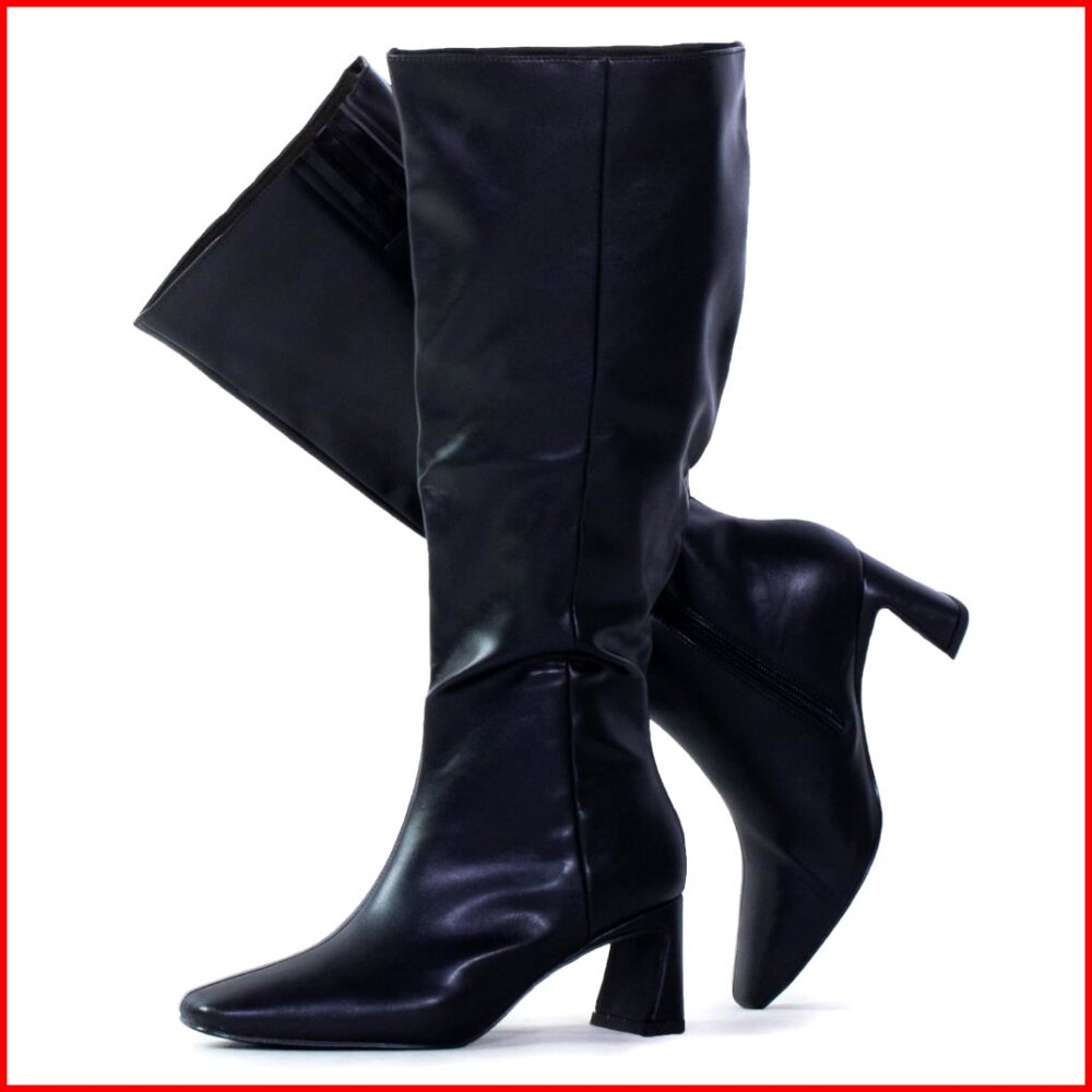 Wide Calf Knee High Boots 2 Inch Heel Square Toe Dress Boots